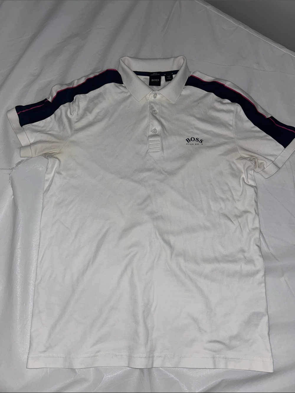 BOSS White Polo with Navy and Pink Shoulder Stripes slim fit large